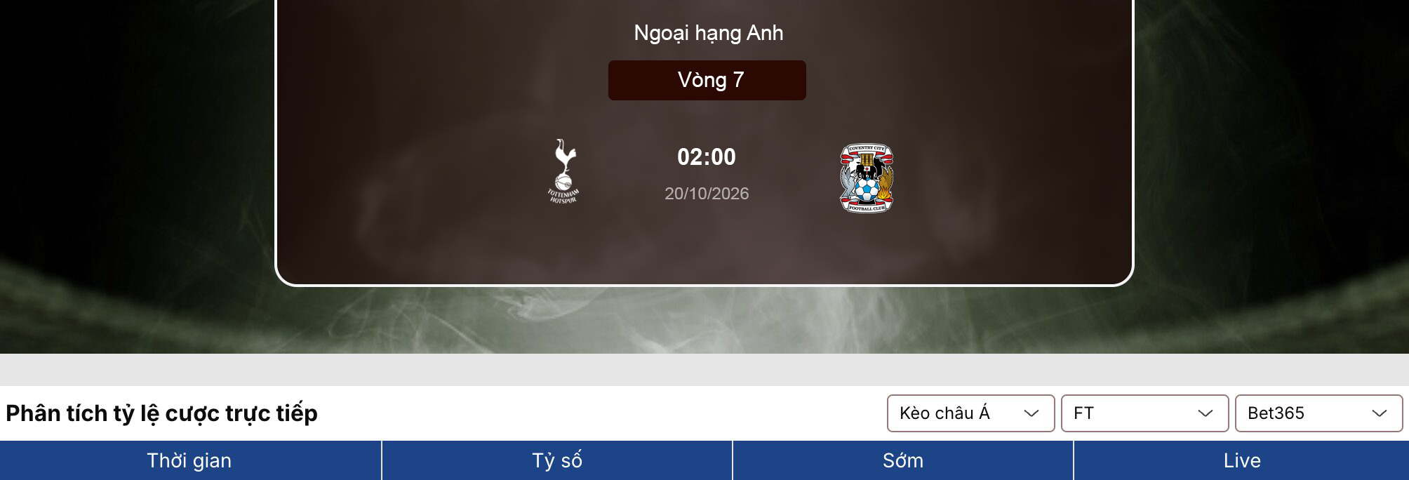 Soi tỷ lệ kèo: Tottenham vs Coventry 2h ngày 20/10/2026 1 Soi tỷ lệ kèo